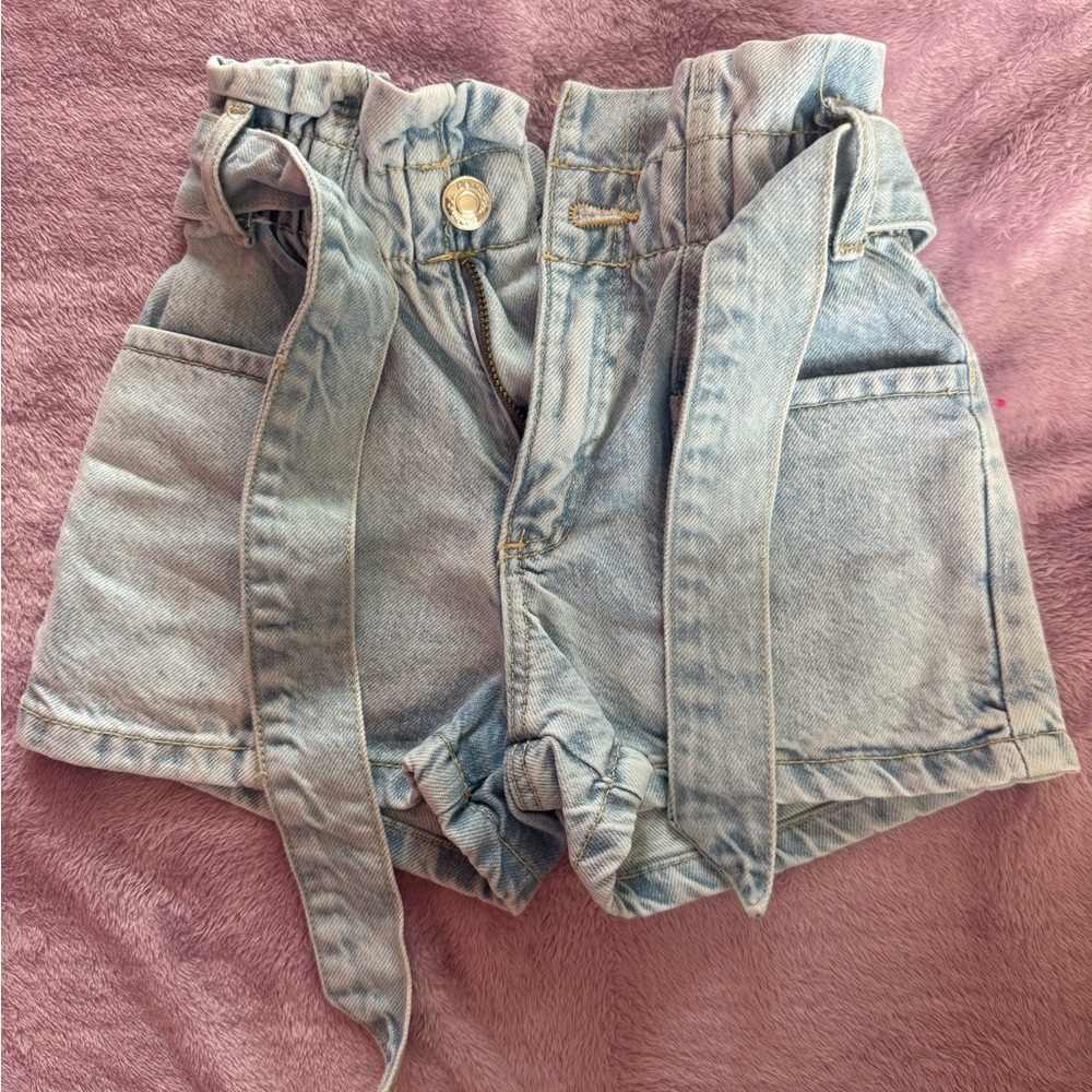 Girls High-Waist Light Wash Denim Paper bag Shorts with Belt